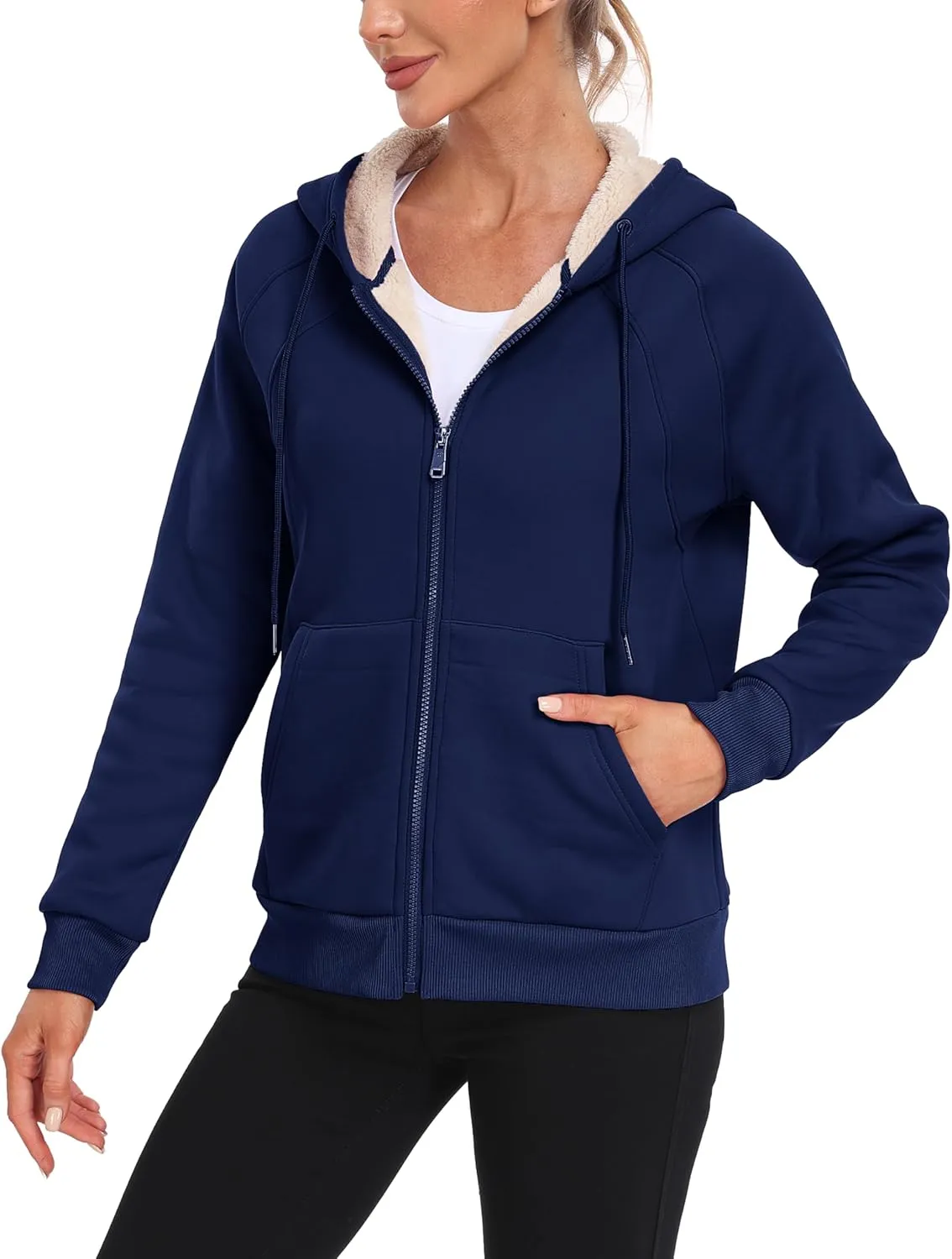Womens Fleece Lined Hoodie Jackets Full Zip Hoodies with Zipper Pocket Warm Hoodie Sweatshirts for Women