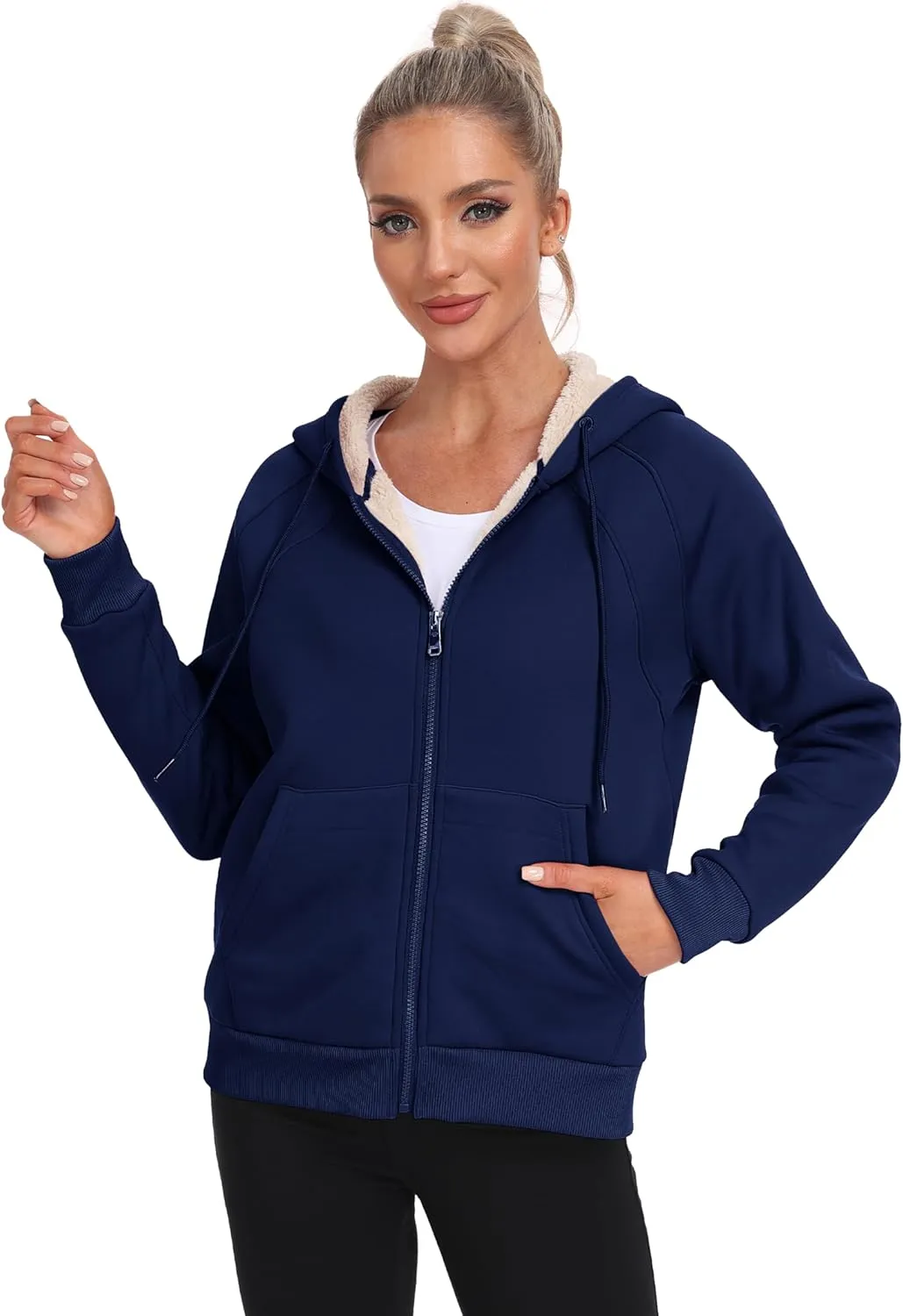 Womens Fleece Lined Hoodie Jackets Full Zip Hoodies with Zipper Pocket Warm Hoodie Sweatshirts for Women