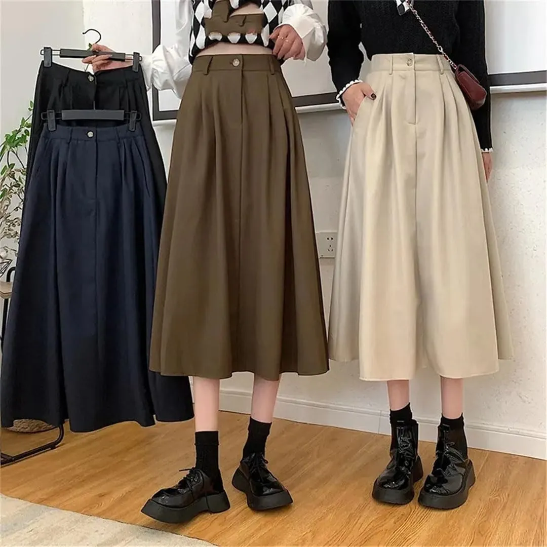 Women's High Waist Retro Pleated Skirt Casual Versatile Midi Skirt