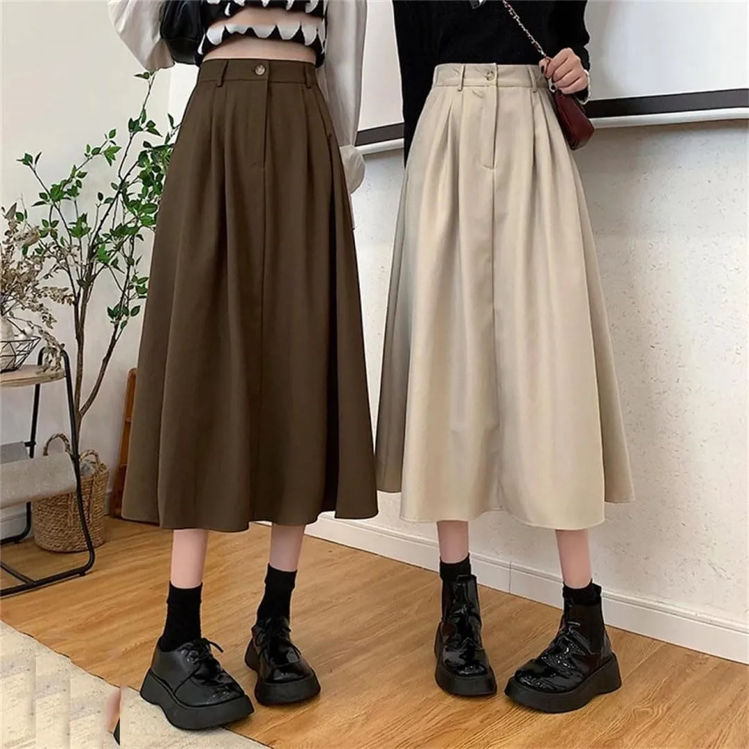 Women's High Waist Retro Pleated Skirt Casual Versatile Midi Skirt