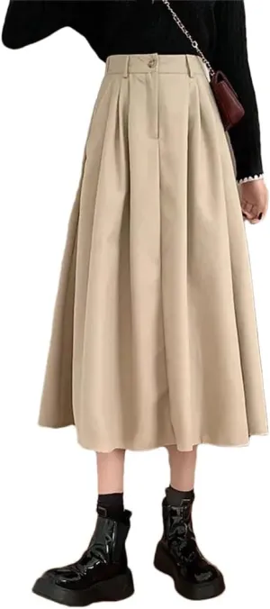 Women's High Waist Retro Pleated Skirt Casual Versatile Midi Skirt