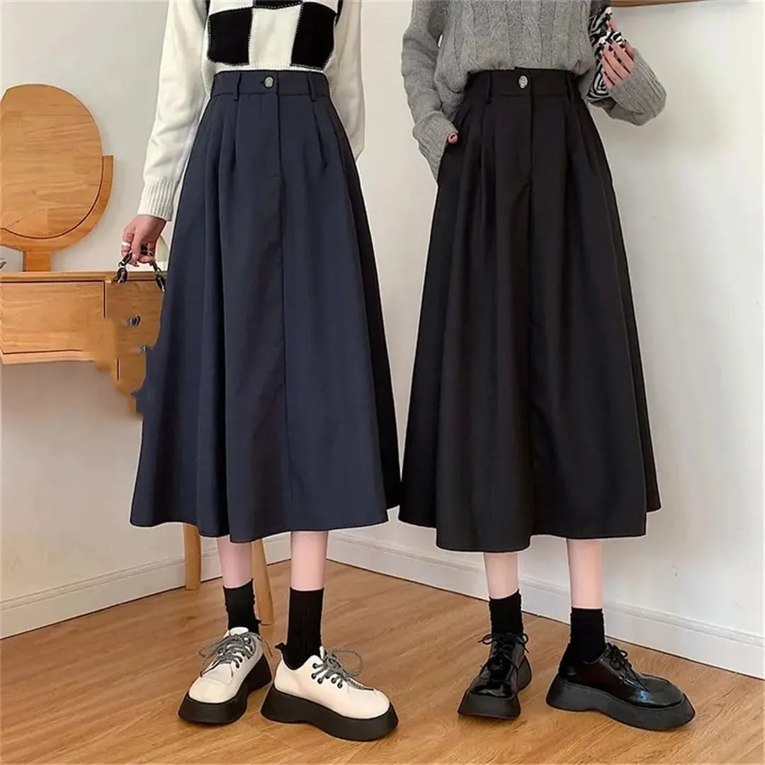 Women's High Waist Retro Pleated Skirt Casual Versatile Midi Skirt