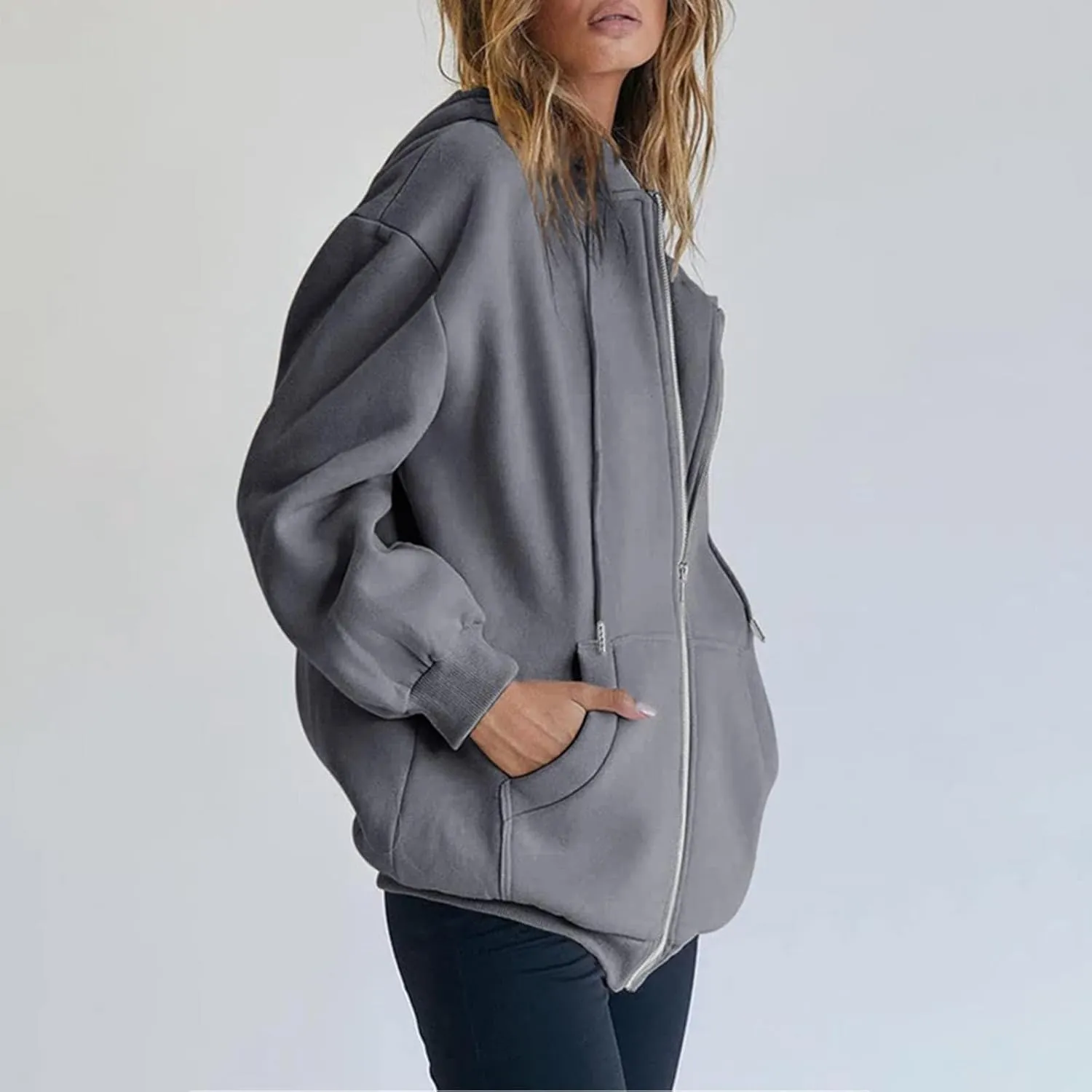 Womens Hoodie Y2K Zip Up Long Sleeve Oversized Sweatshirts Fleece Workout Jacket Pockets 2024 Fall Outfits Trendy Tops