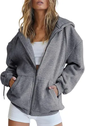 Womens Hoodie Y2K Zip Up Long Sleeve Oversized Sweatshirts Fleece Workout Jacket Pockets 2024 Fall Outfits Trendy Tops