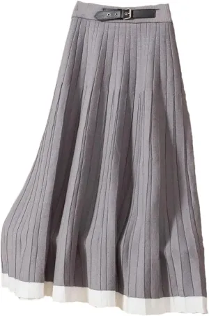 Women's Knitted Midi Skirt with Belt and Pleated Hem for Autumn Winter