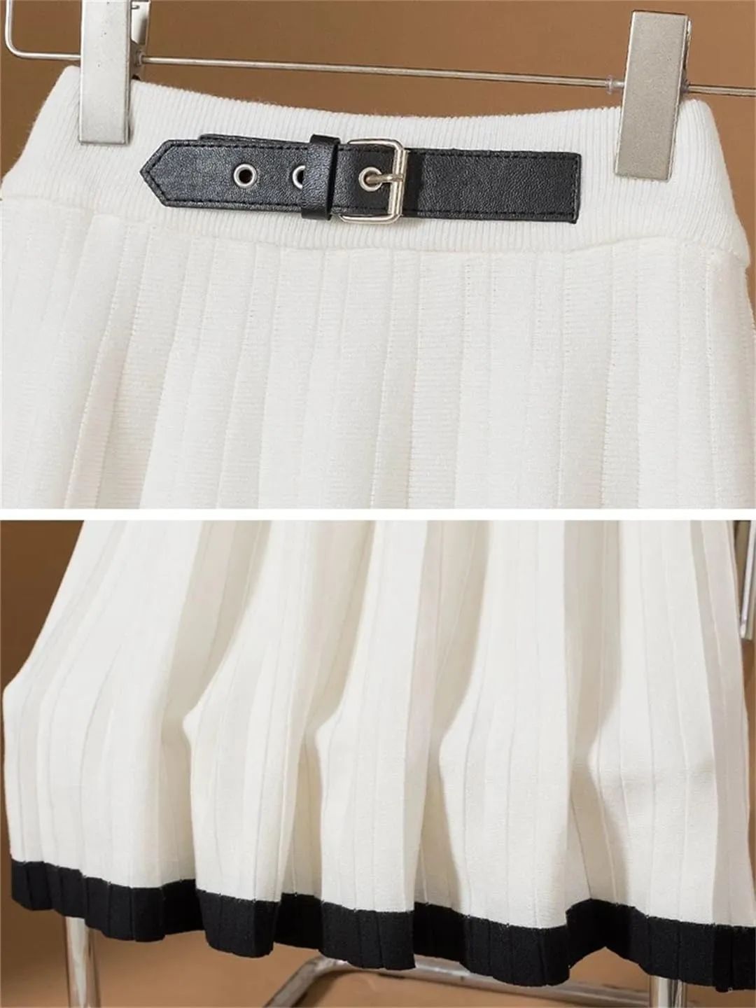 Women's Knitted Midi Skirt with Belt and Pleated Hem for Autumn Winter