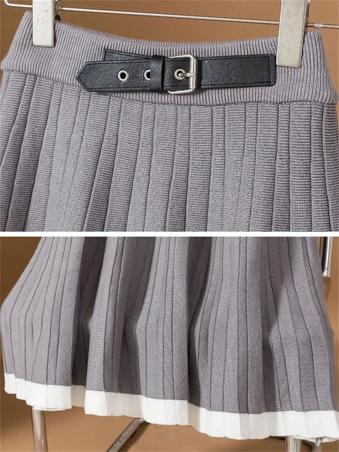 Women's Knitted Midi Skirt with Belt and Pleated Hem for Autumn Winter