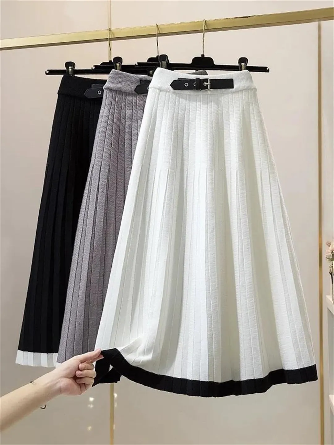Women's Knitted Midi Skirt with Belt and Pleated Hem for Autumn Winter