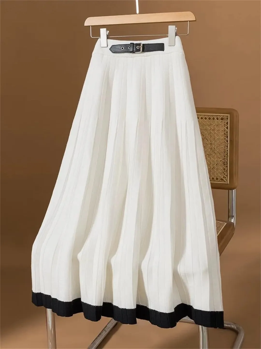 Women's Knitted Midi Skirt with Belt and Pleated Hem for Autumn Winter
