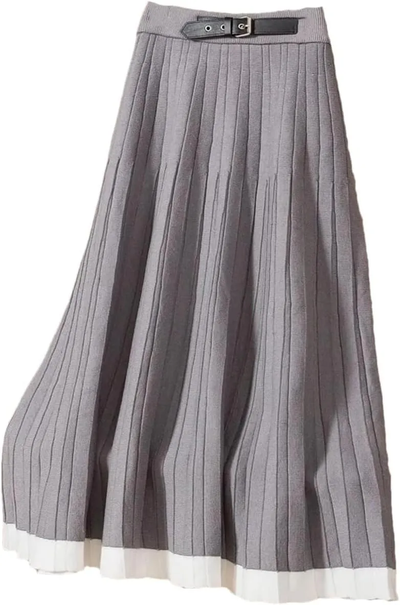 Women's Knitted Midi Skirt with Belt and Pleated Hem for Autumn Winter