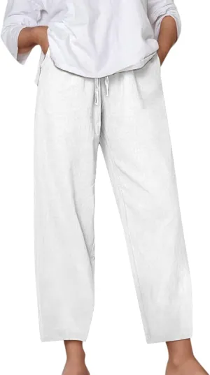 Women's Linen Pants Casual Summer Loose Fit Solid Color Boho Plus Size High Waist Linen Pants Straight Trousers with Pockets