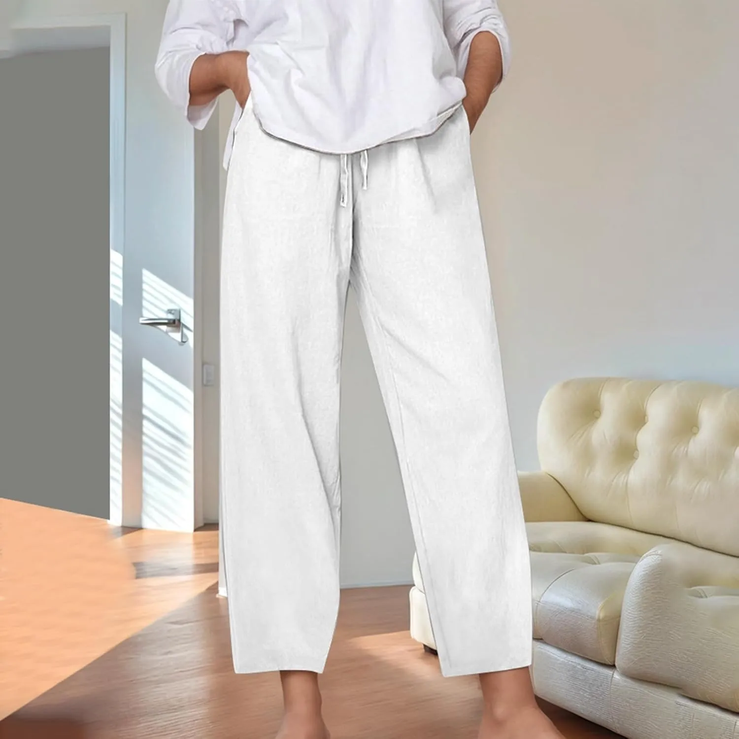 Women's Linen Pants Casual Summer Loose Fit Solid Color Boho Plus Size High Waist Linen Pants Straight Trousers with Pockets