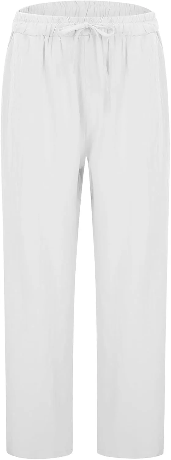 Women's Linen Pants Casual Summer Loose Fit Solid Color Boho Plus Size High Waist Linen Pants Straight Trousers with Pockets