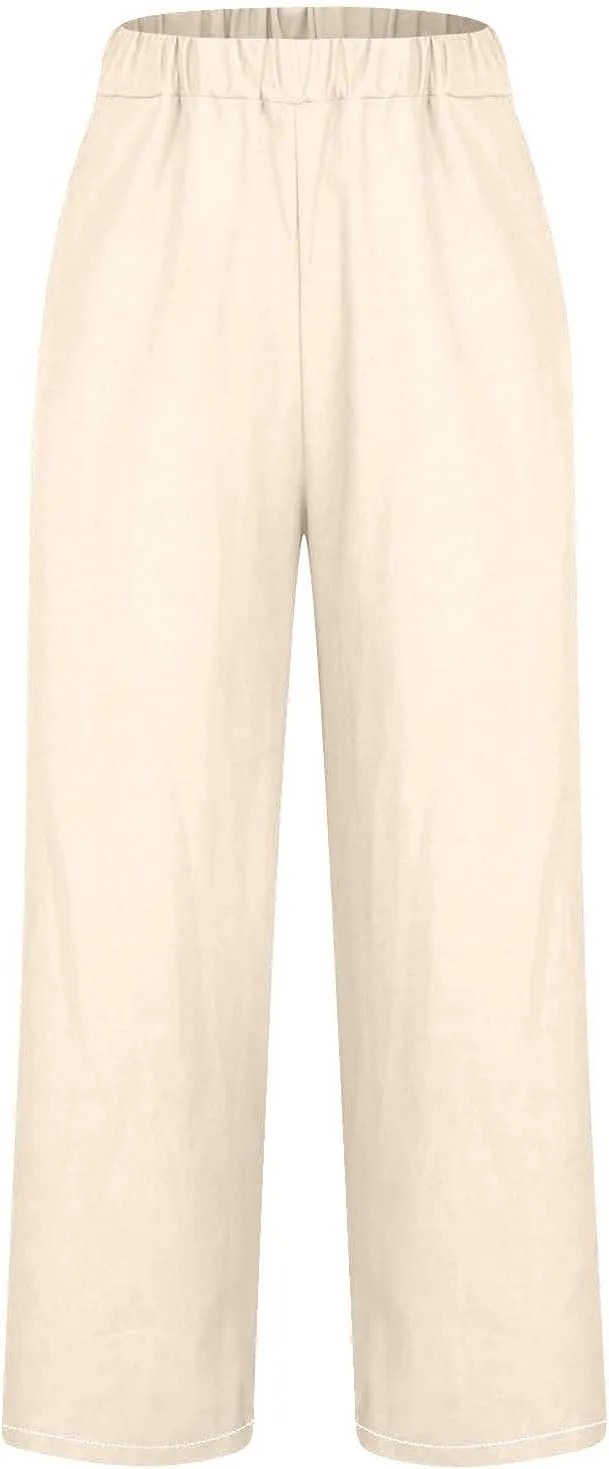 Womens Linen Pants Casual Wide Leg Pants Summer Palazzo Pants Loose Beach Pants Elastic Trousers with Pockets