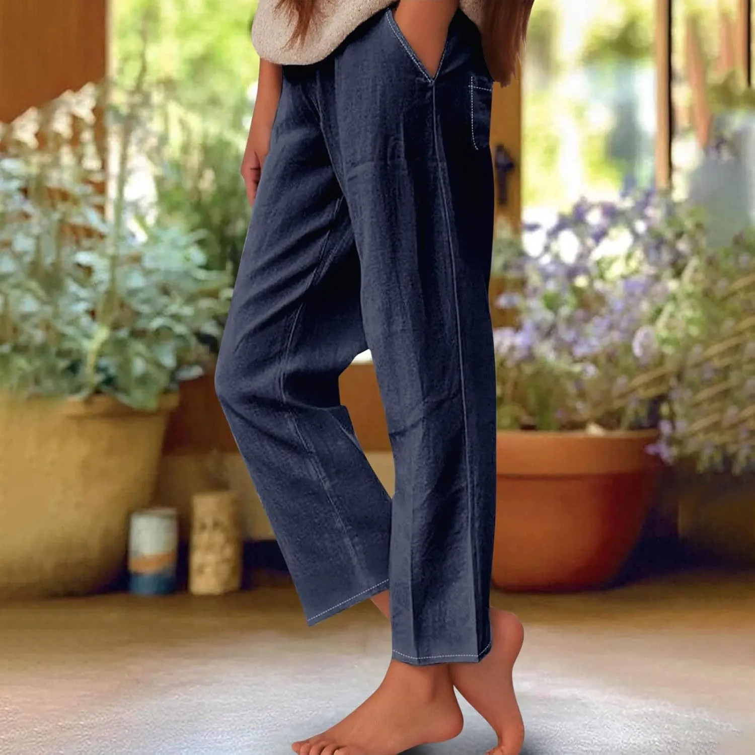 Womens Linen Pants Casual Wide Leg Pants Summer Palazzo Pants Loose Beach Pants Elastic Trousers with Pockets