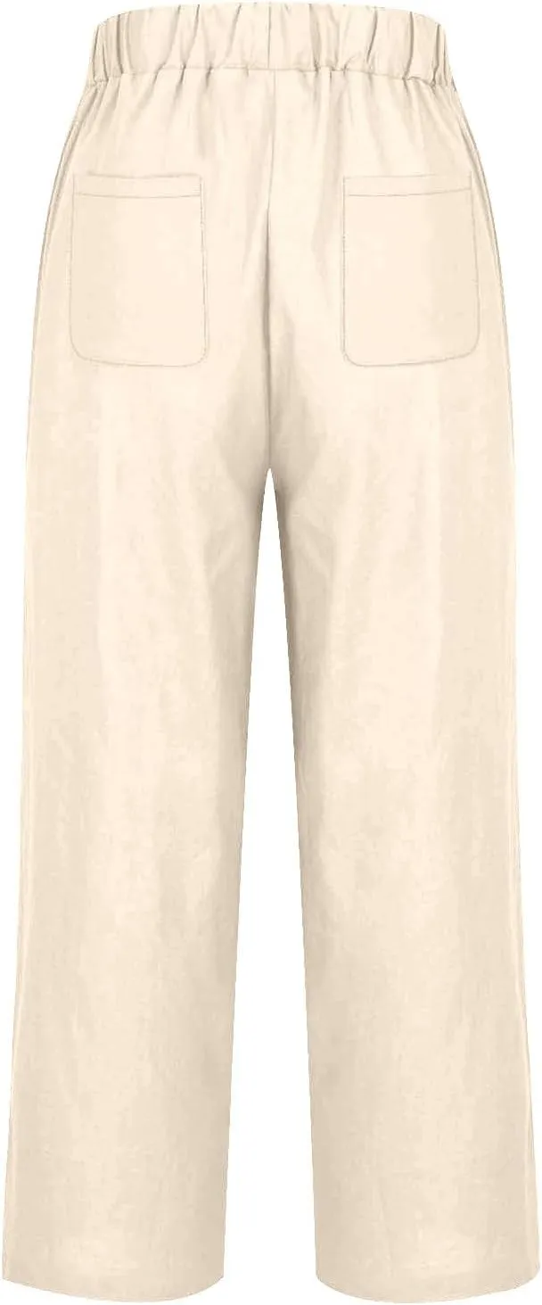 Womens Linen Pants Casual Wide Leg Pants Summer Palazzo Pants Loose Beach Pants Elastic Trousers with Pockets