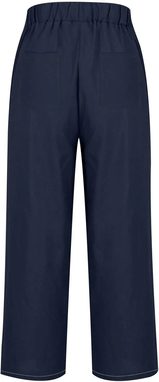 Womens Linen Pants Casual Wide Leg Pants Summer Palazzo Pants Loose Beach Pants Elastic Trousers with Pockets