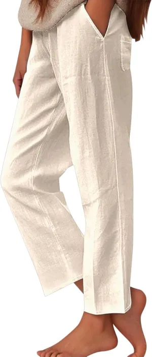 Womens Linen Pants Casual Wide Leg Pants Summer Palazzo Pants Loose Beach Pants Elastic Trousers with Pockets