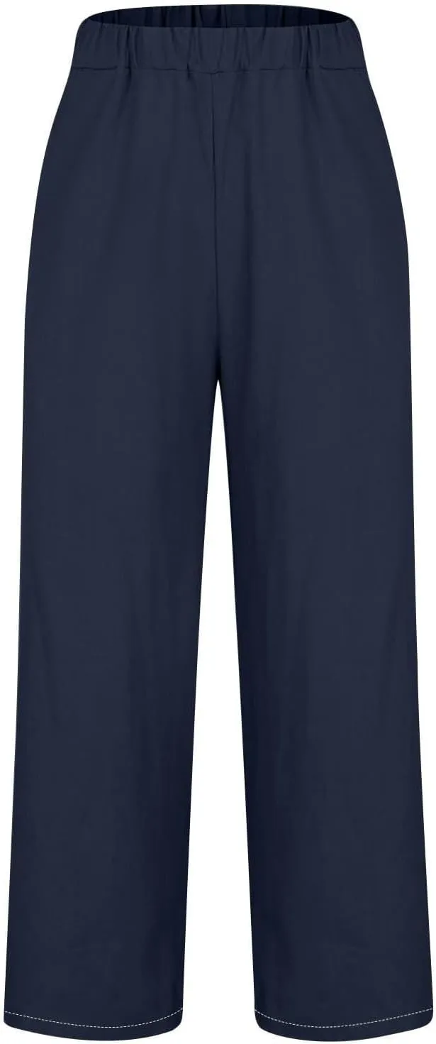 Womens Linen Pants Casual Wide Leg Pants Summer Palazzo Pants Loose Beach Pants Elastic Trousers with Pockets