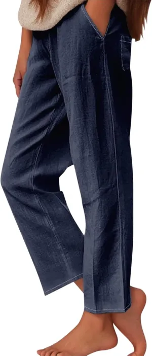 Womens Linen Pants Casual Wide Leg Pants Summer Palazzo Pants Loose Beach Pants Elastic Trousers with Pockets