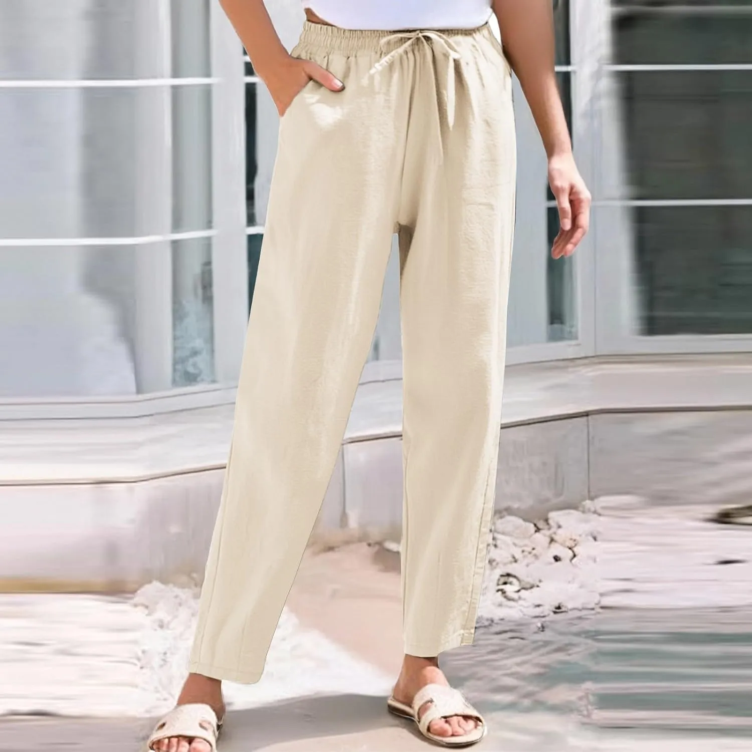 Womens Linen Pants Straight Leg Boho Palazzo Pants Casual Elastic Drawstring Waist Beach Lounge Pants with Pockets