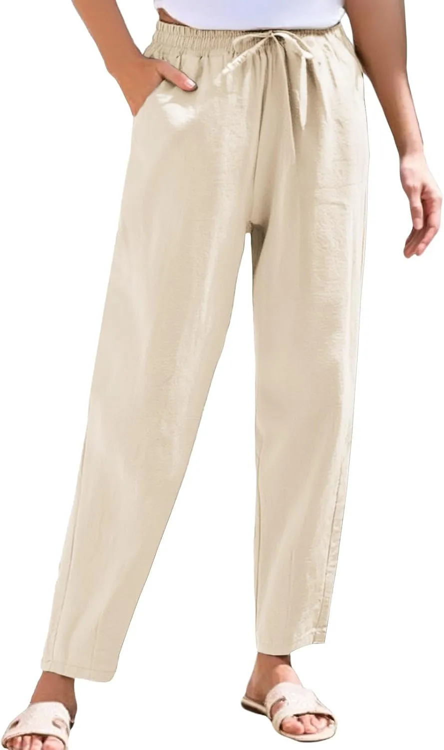 Womens Linen Pants Straight Leg Boho Palazzo Pants Casual Elastic Drawstring Waist Beach Lounge Pants with Pockets