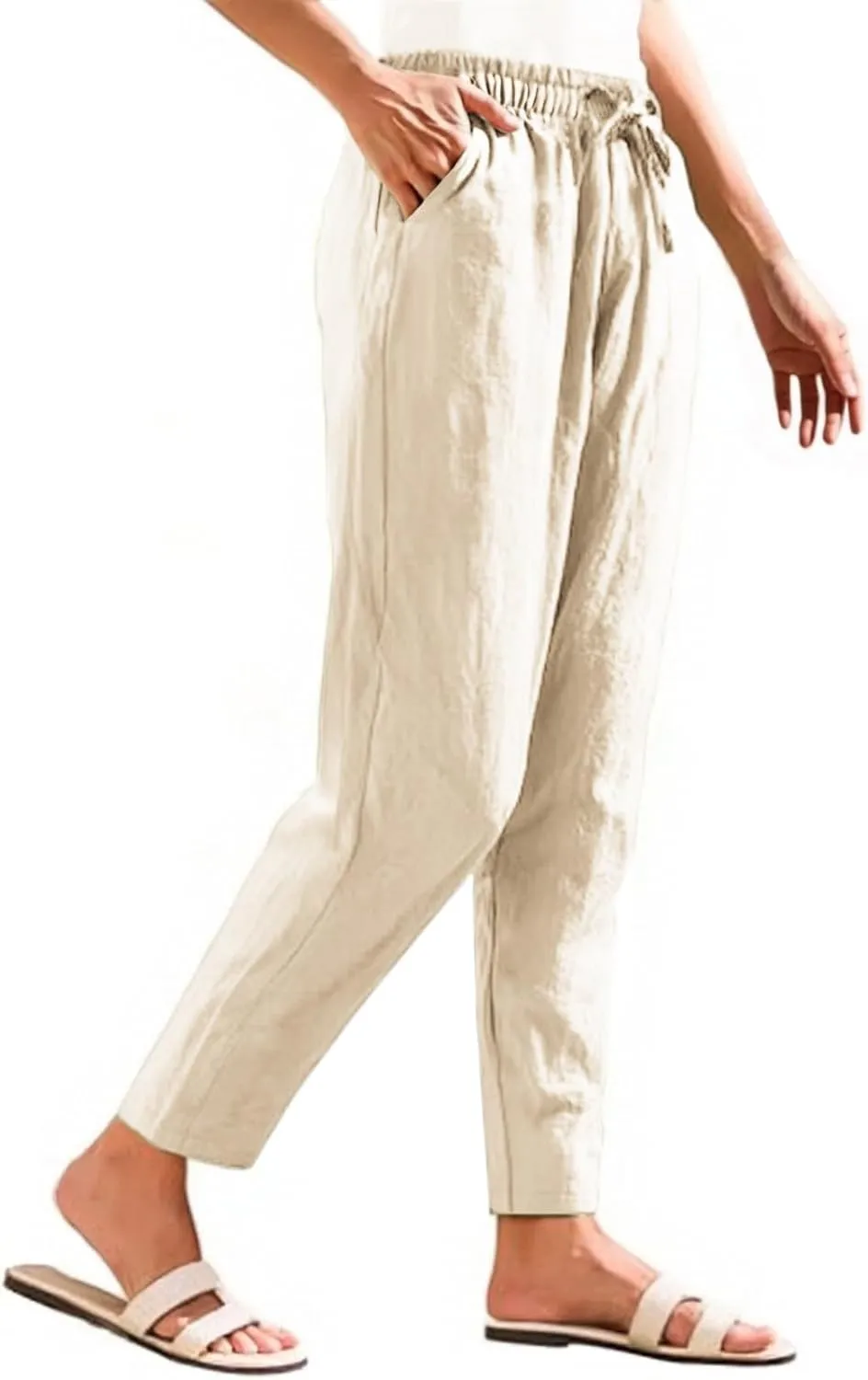 Womens Linen Pants Straight Leg Boho Palazzo Pants Casual Elastic Drawstring Waist Beach Lounge Pants with Pockets