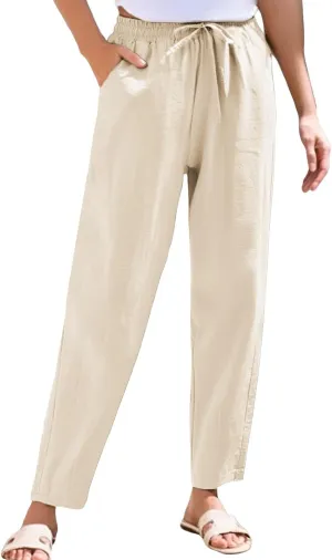 Womens Linen Pants Straight Leg Boho Palazzo Pants Casual Elastic Drawstring Waist Beach Lounge Pants with Pockets