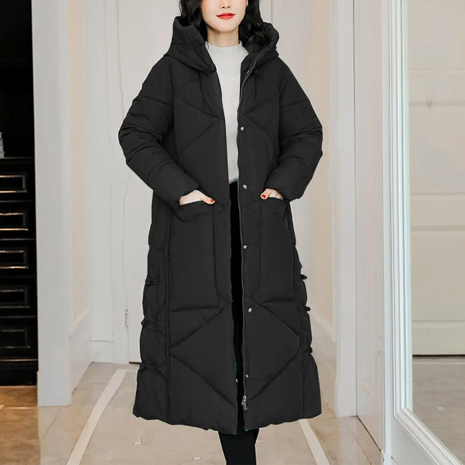 Women's Long Puffer Jacket Casual Solid Maxi Length Hooded Long Sleeve Warm Cotton Padded Coat Quilted Outwear