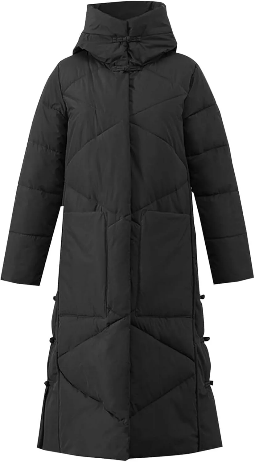 Women's Long Puffer Jacket Casual Solid Maxi Length Hooded Long Sleeve Warm Cotton Padded Coat Quilted Outwear