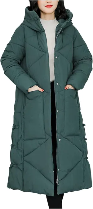 Women's Long Puffer Jacket Casual Solid Maxi Length Hooded Long Sleeve Warm Cotton Padded Coat Quilted Outwear