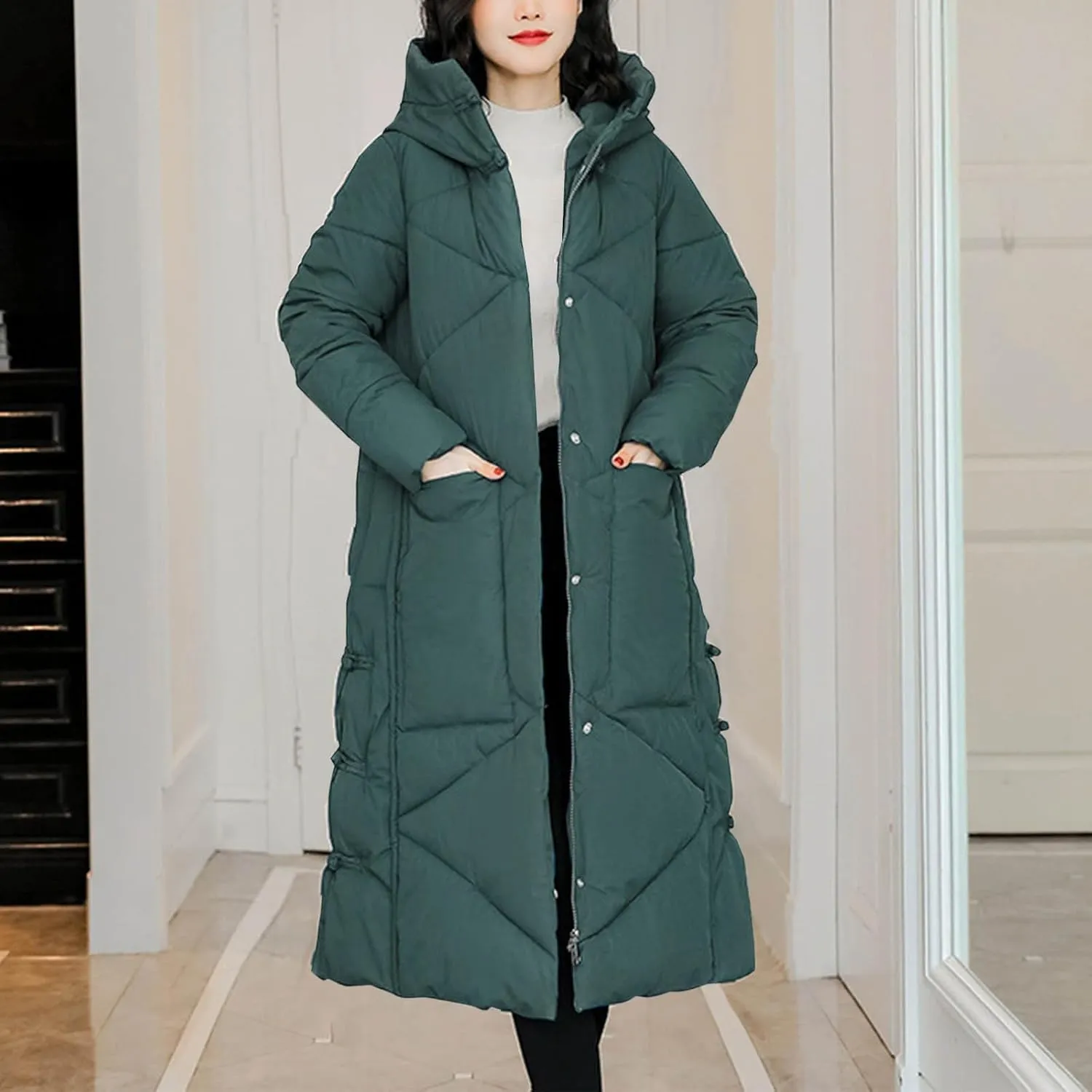 Women's Long Puffer Jacket Casual Solid Maxi Length Hooded Long Sleeve Warm Cotton Padded Coat Quilted Outwear