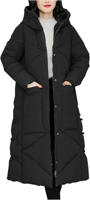 Women's Long Puffer Jacket Casual Solid Maxi Length Hooded Long Sleeve Warm Cotton Padded Coat Quilted Outwear