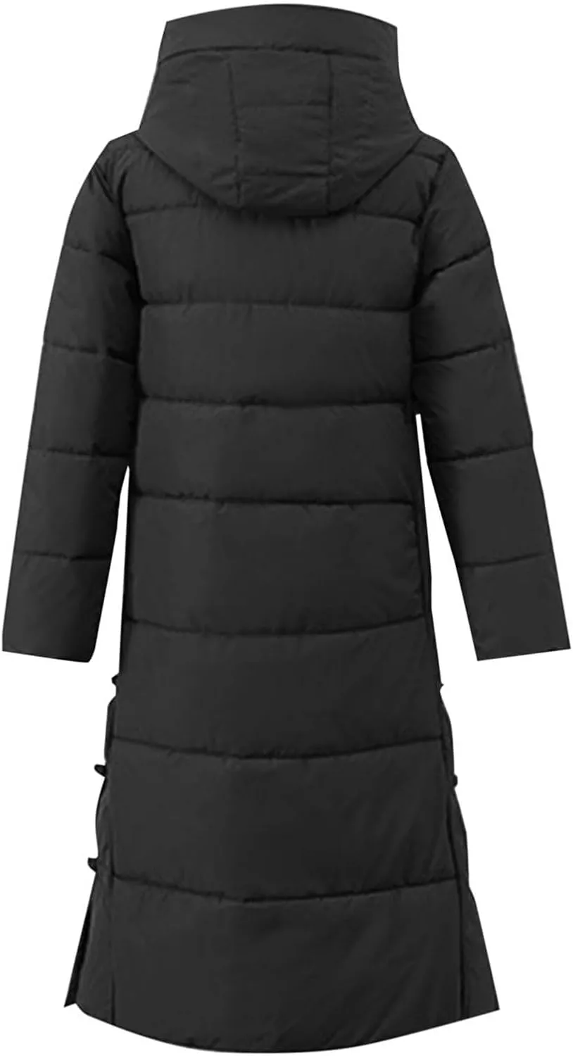 Women's Long Puffer Jacket Casual Solid Maxi Length Hooded Long Sleeve Warm Cotton Padded Coat Quilted Outwear