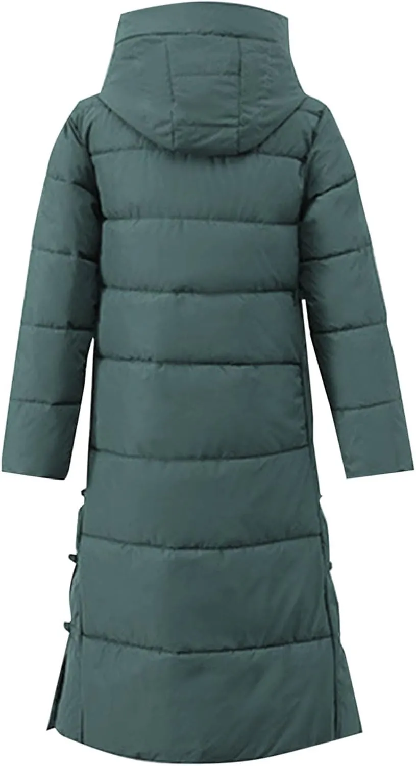 Women's Long Puffer Jacket Casual Solid Maxi Length Hooded Long Sleeve Warm Cotton Padded Coat Quilted Outwear