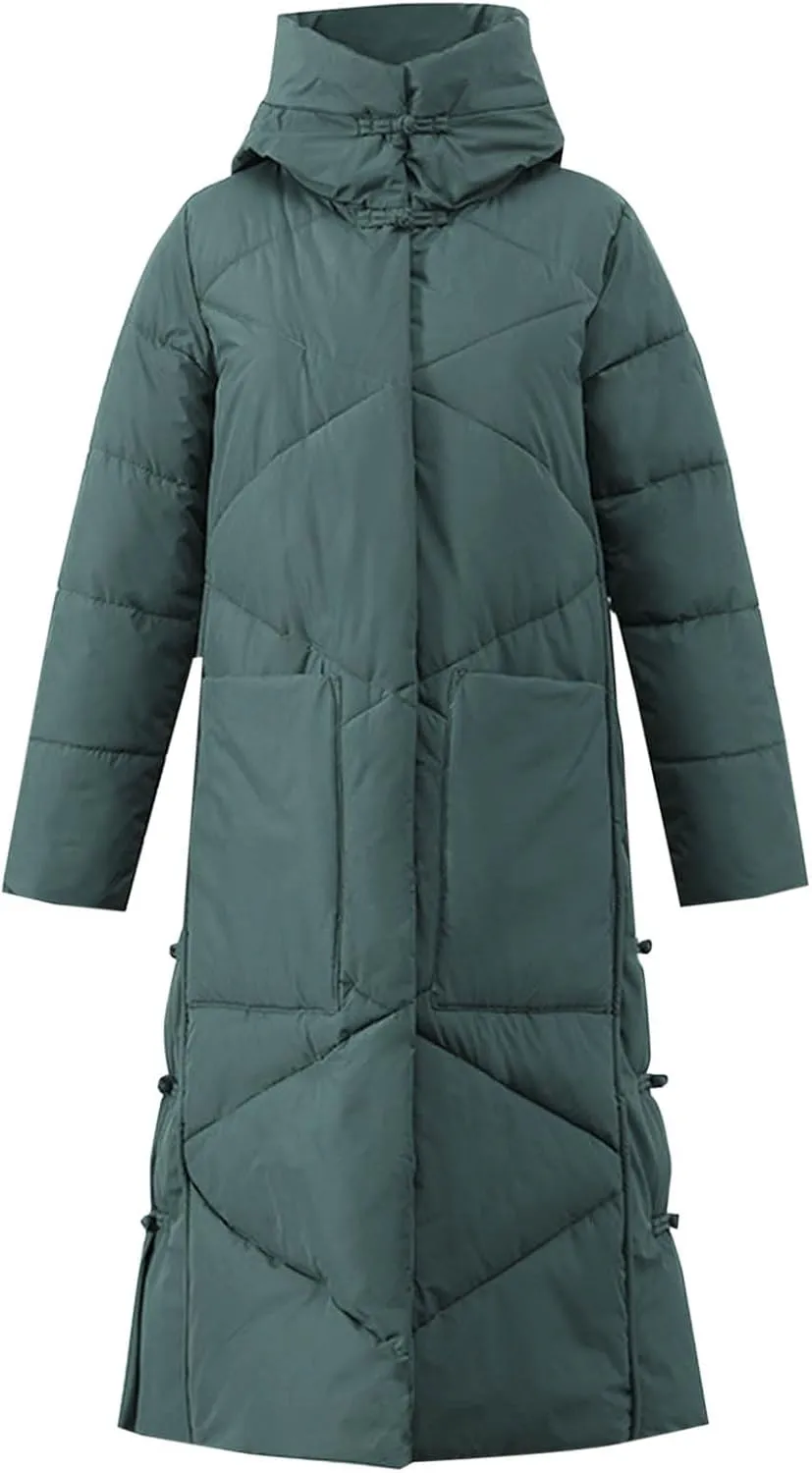 Women's Long Puffer Jacket Casual Solid Maxi Length Hooded Long Sleeve Warm Cotton Padded Coat Quilted Outwear
