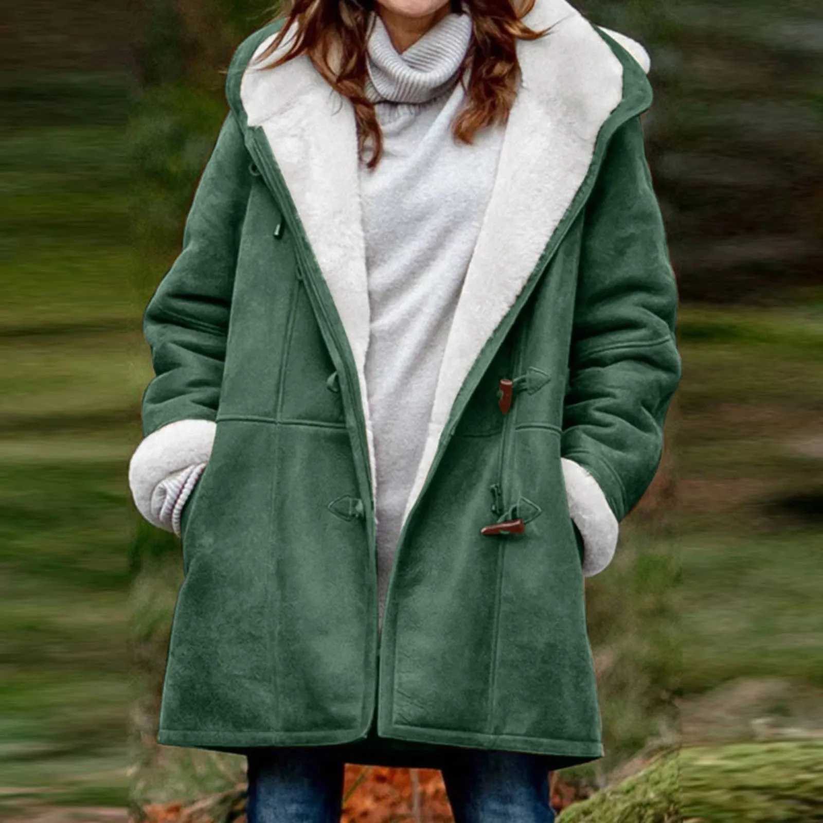 Women's Long Sleeve Horn Button Fleece-lined Warm Jackets