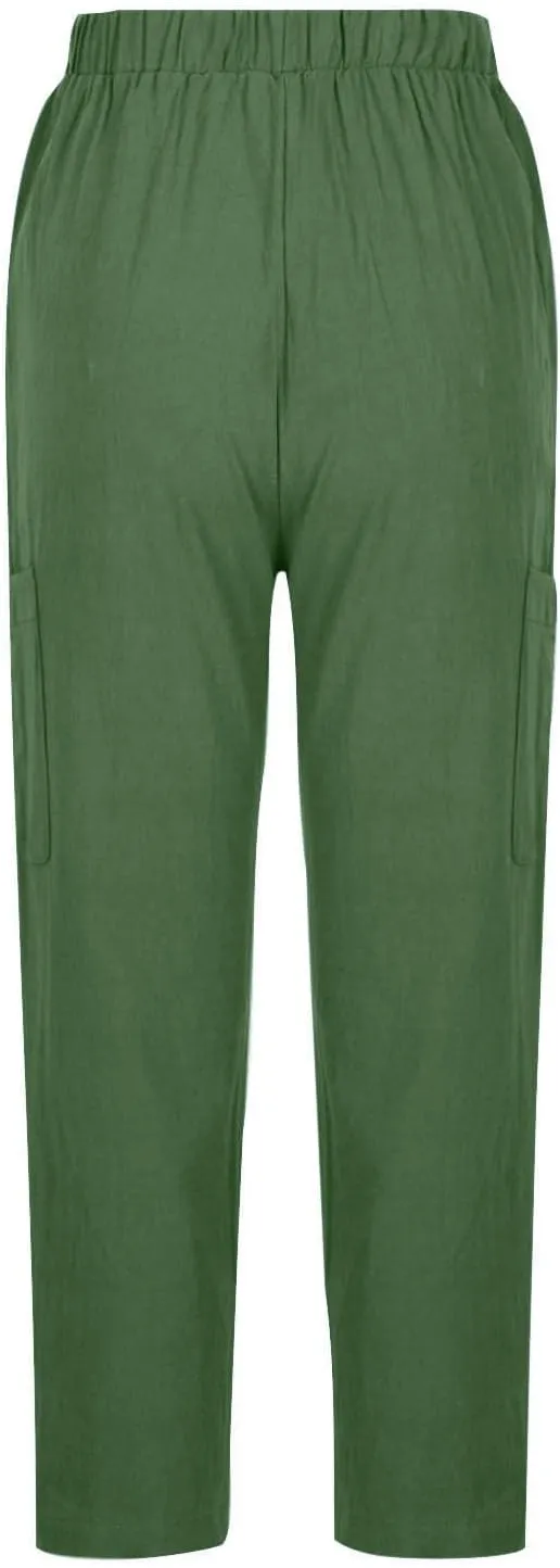 Womens Summer Linen Pants with 4 Pockets Straight Leg Elastic Waist Ankle Length Pants Casual Trousers Bottoms