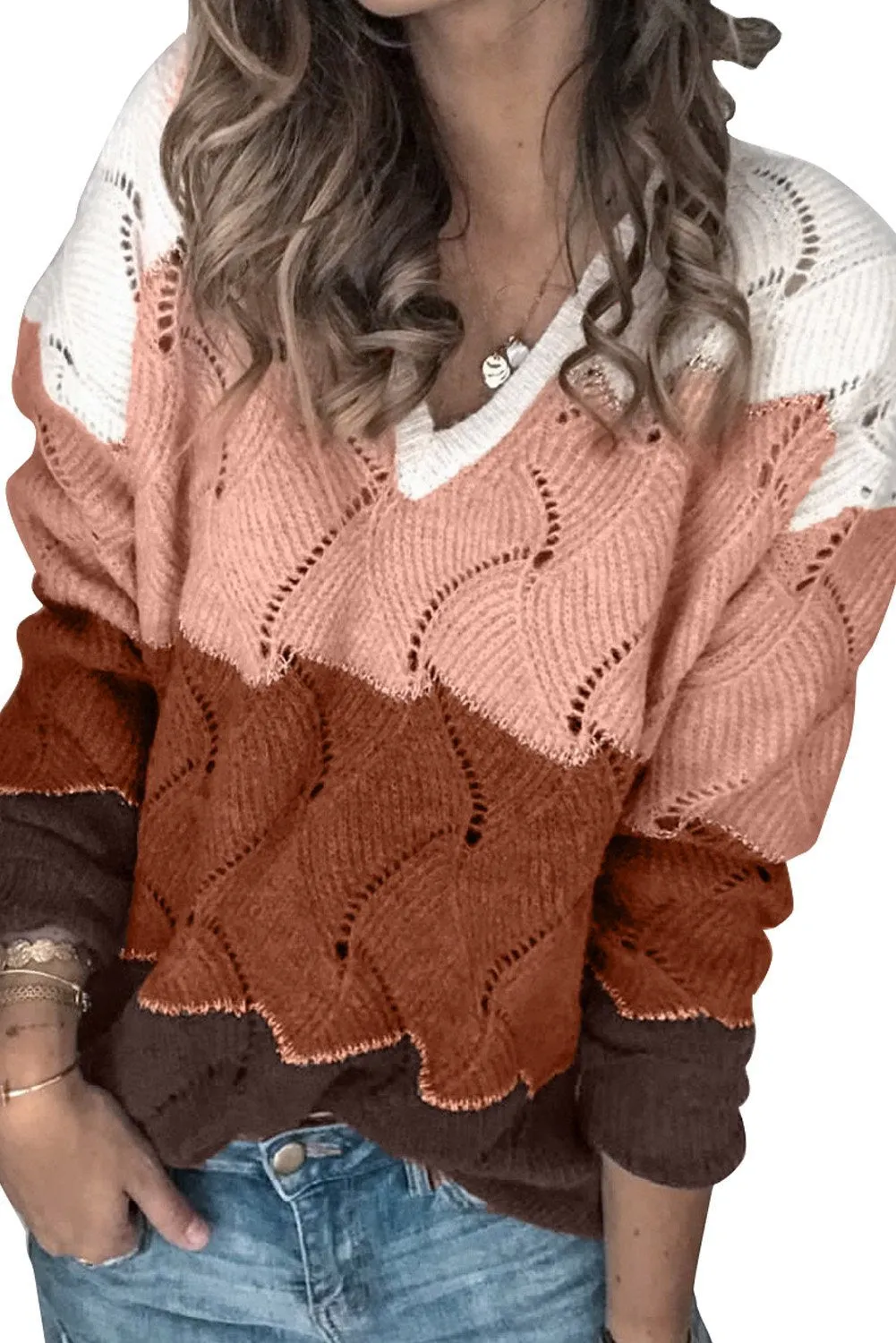 Women's V Neck White Colorblock Textured Knit Sweater