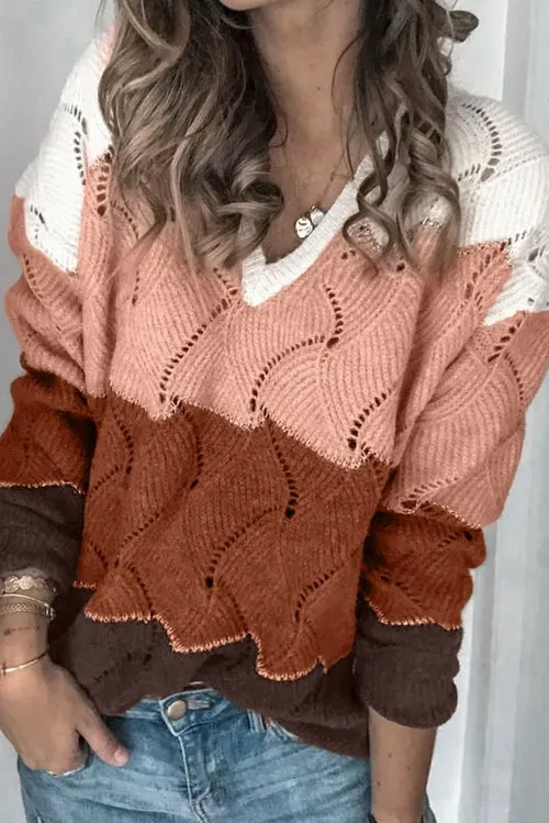 Women's V Neck White Colorblock Textured Knit Sweater