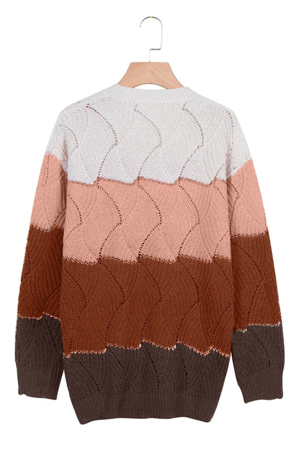 Women's V Neck White Colorblock Textured Knit Sweater