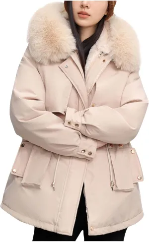 Women's Winter Sherpa Lined Faux Fur Hooded Mid Long Safari Parka Coat Fashion Warm Jackets Loose Fit Solid Color