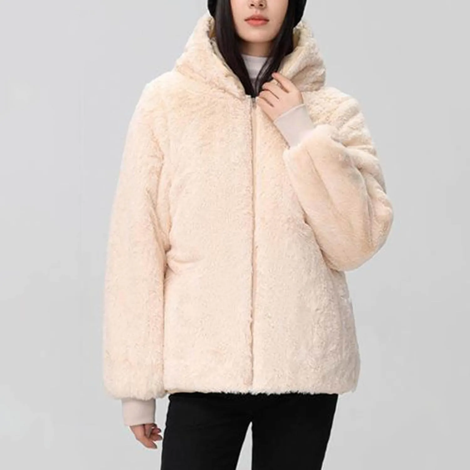 Women's Winter Sherpa Lined Faux Fur Hooded Mid Long Safari Parka Coat Fashion Warm Jackets Loose Fit Solid Color