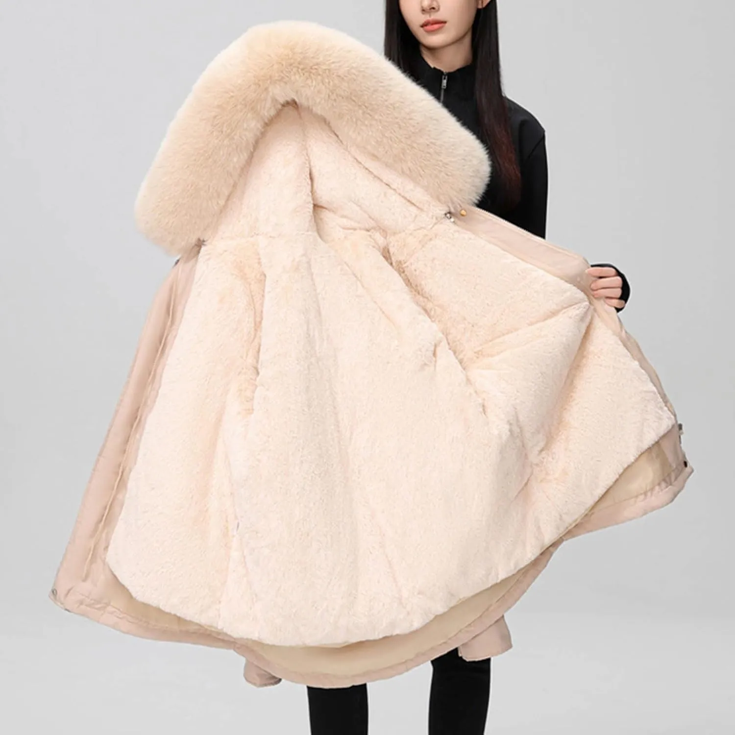 Women's Winter Sherpa Lined Faux Fur Hooded Mid Long Safari Parka Coat Fashion Warm Jackets Loose Fit Solid Color