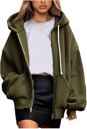 Women's Zip Up Hoodies Fleeced Long Sleeve Fall Coats Oversized Jackets With Pockets Tunic Casual Hooded Sweatshirt
