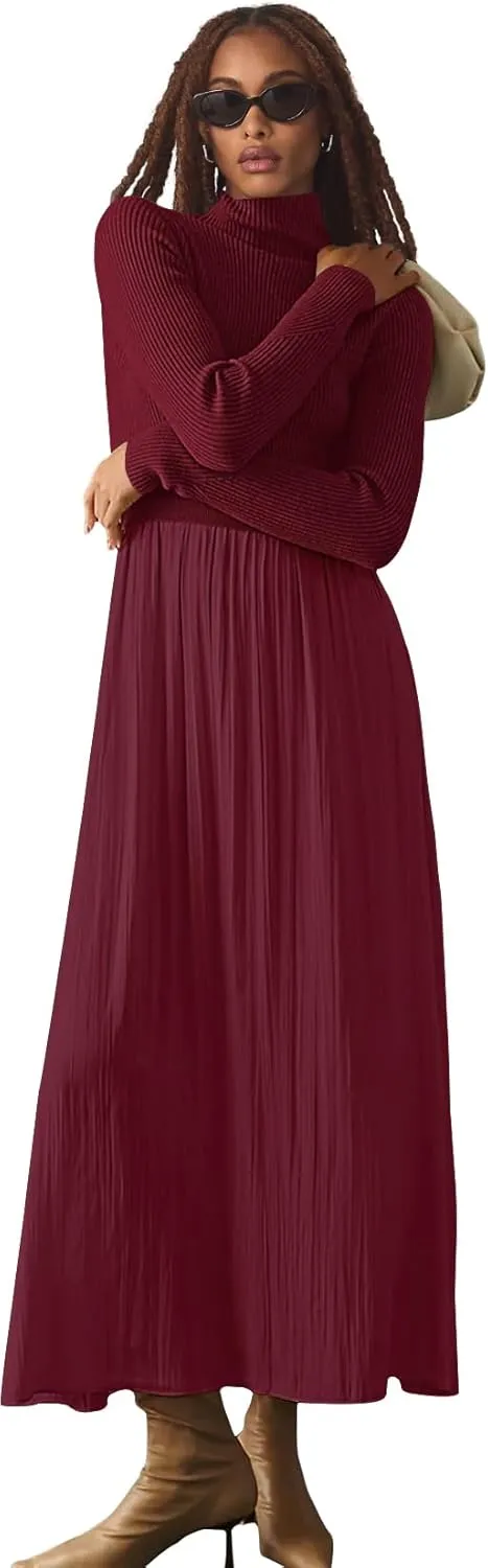 Womes Mock Turtleneck Long Sleeve Ribbed Knit Pullover Tops Fashion Long Maxi Dress