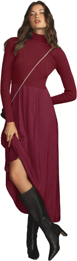 Womes Mock Turtleneck Long Sleeve Ribbed Knit Pullover Tops Fashion Long Maxi Dress