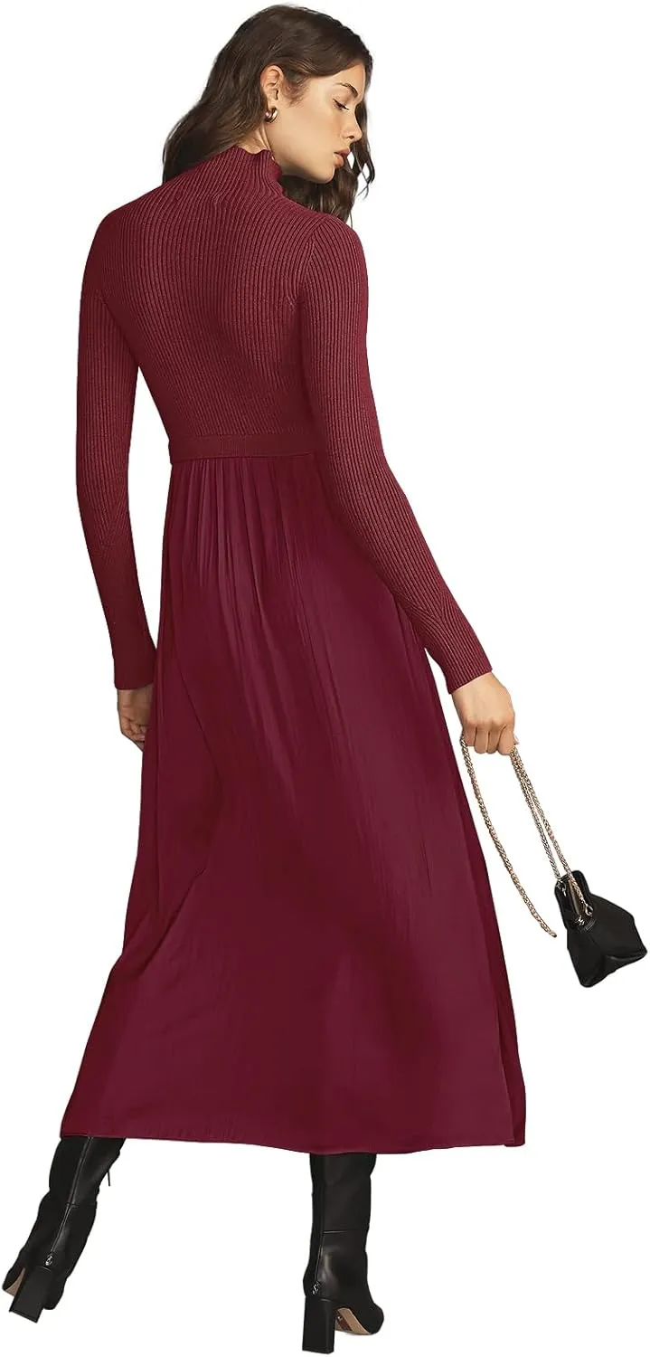 Womes Mock Turtleneck Long Sleeve Ribbed Knit Pullover Tops Fashion Long Maxi Dress