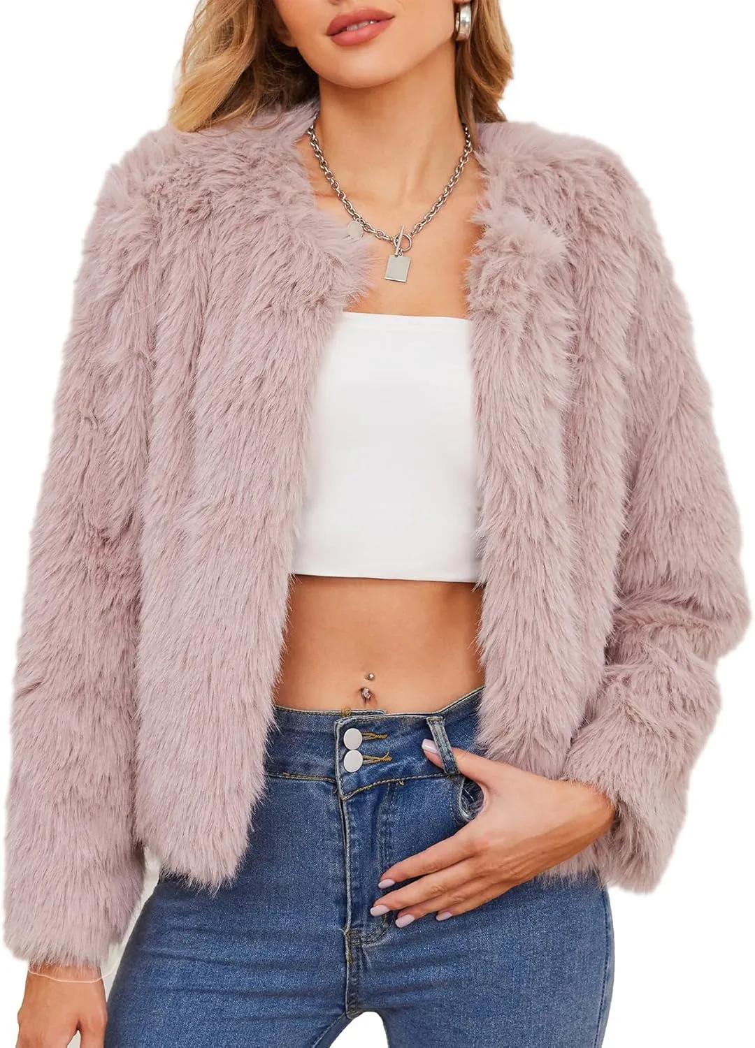 Zando Womens Fur Coat Long Sleeve Pockets Cropped Jacket Women Outwear Warm Winter Coats for Women Fleece Fur Jacket 2025