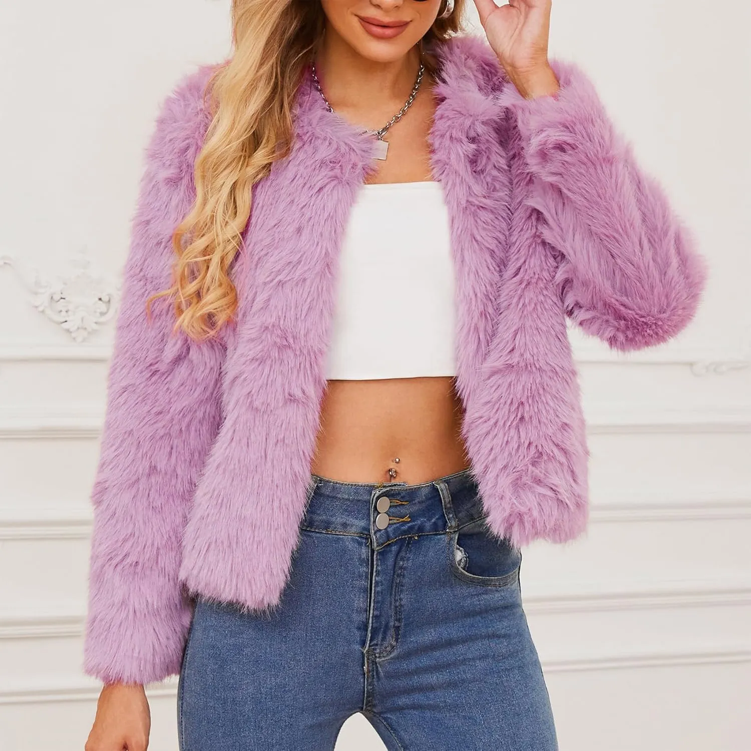 Zando Womens Fur Coat Long Sleeve Pockets Cropped Jacket Women Outwear Warm Winter Coats for Women Fleece Fur Jacket 2025